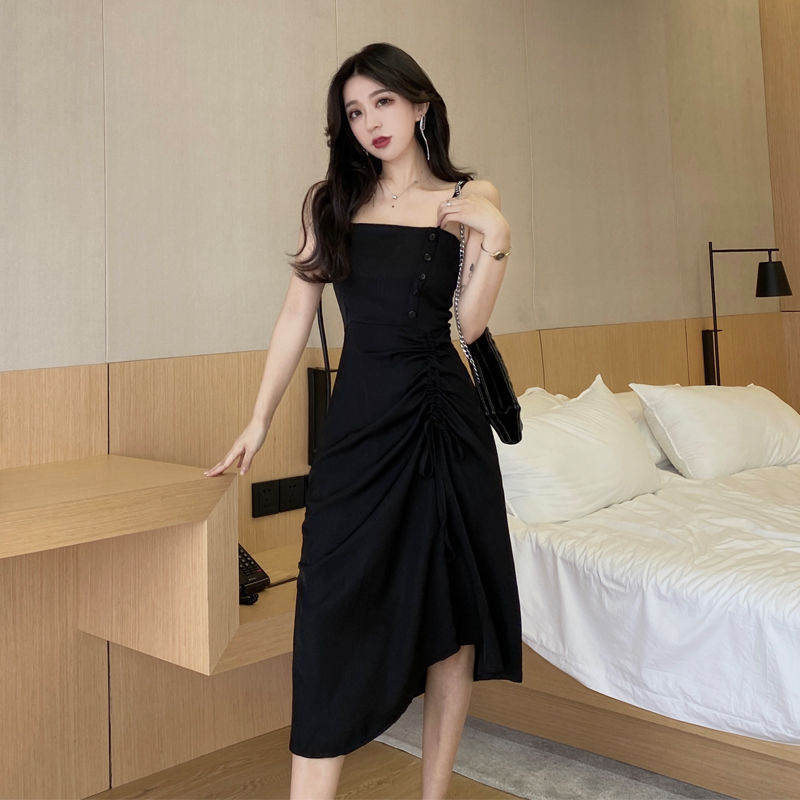 Korean Version Design Sense Dew Shoulder Harness Ocean Dress Woman 2022 New Law Type of Waist Display Slim Net Red Temperament A Character Dress