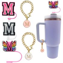New English letter butterfly straw cap dust-proof straw plug creative cup chain chain key pendant accessories
