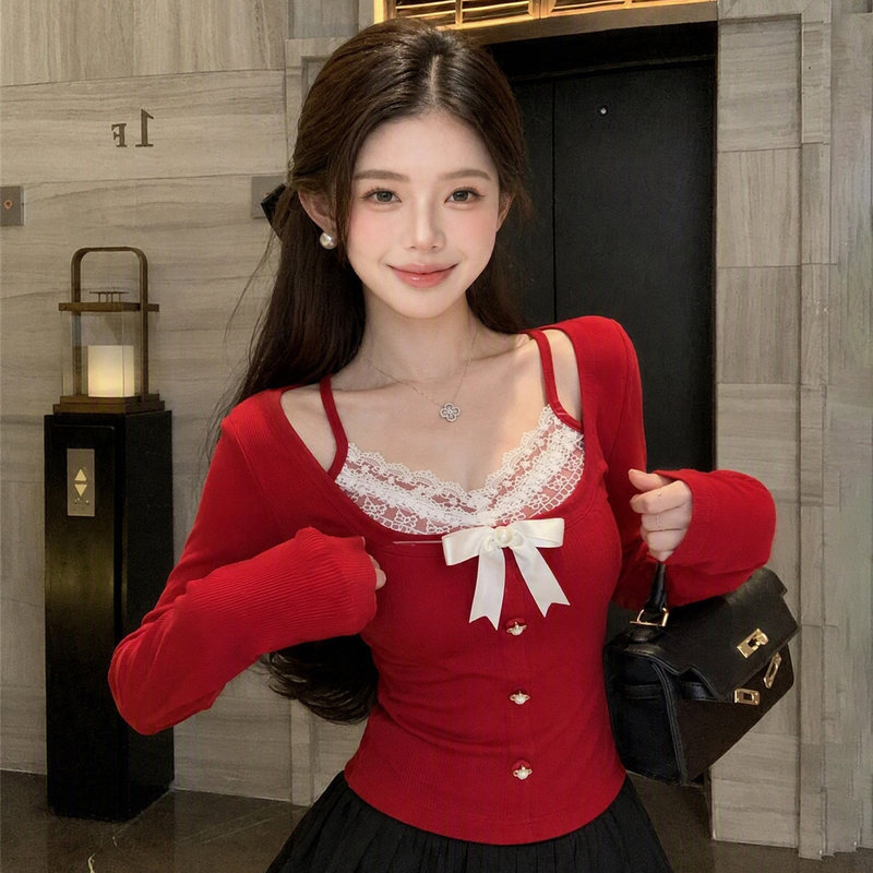 Sweet and Spicy Lace Patchwork Bow Long-Sleeve T-Shirt for Women, New Autumn Style, Atmospheric Two-Piece Look Base Shirt Top Sweet and Spicy Lace Patchwork Bow Long-Sleeve T-Shirt for Women, New Autumn Style, Atmospheric Two-Piece Look Base Shirt Top