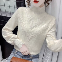 Половина водолазки плюс бархатный утолщенная кружевная рубашка для женщин весной и осенью 2024 г. Новый модный высококачественный внутренний топ рубашки