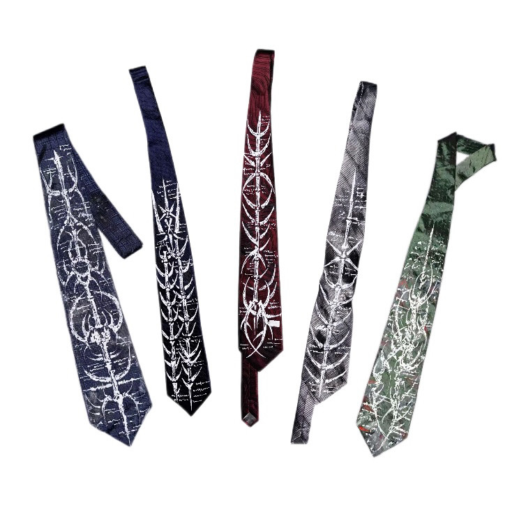 DARK TRIBAL | Hand-painted bone spur tattoo tie, 3D ink, dark functional style, accessories, three lengths.
