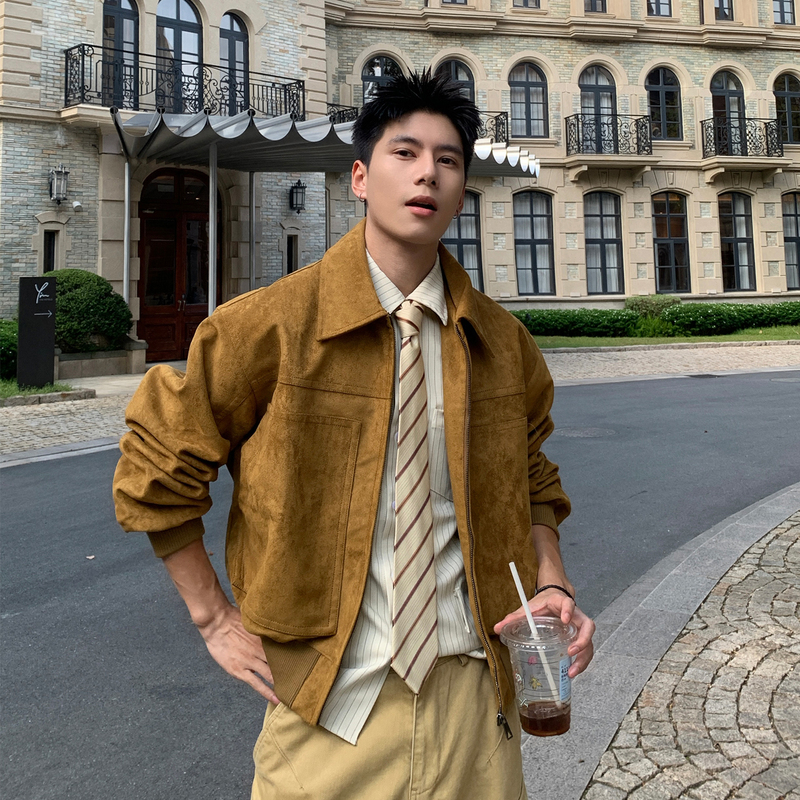 Holocene American-Style Trendy Brand Loose and Versatile Brown Workwear Jacket for Men, Retro Cool Pilot Lapel Jacket Holocene American-Style Trendy Brand Loose and Versatile Brown Workwear Jacket for Men, Retro Cool Pilot Lapel Jacket