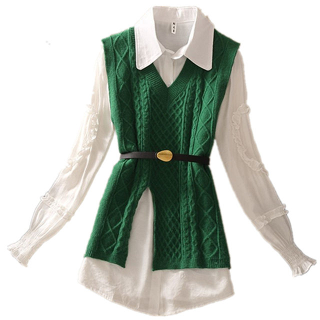 Fungus lace lapel shirt with corset waist knitted sweater vest top two-piece women's autumn and winter