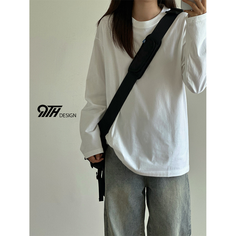 9Th Spring and Autumn Layering Essential 230g Pure Cotton Crew Neck Pullover Long Sleeve T-Shirt Base Layer Black and White Simple Loose Fit Unisex