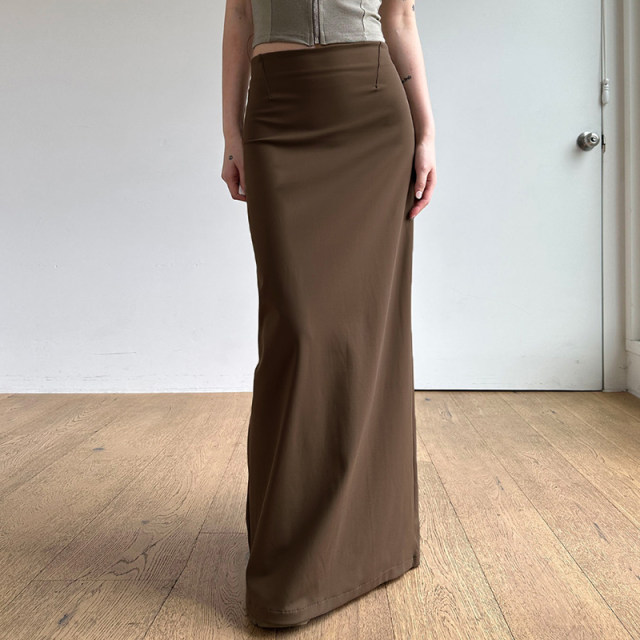 IAEY American retro vintage brown high-waisted skirt, slim and versatile, hip-hugging long skirt with mid-slit in the back, summer