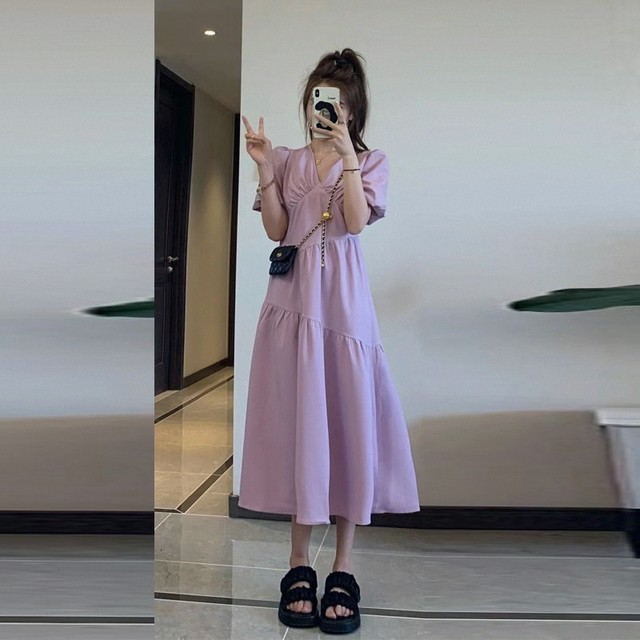 Tea break French purple dress for women summer 2024 new style gentle style high waist slim puff sleeve long skirt for women