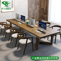 Minimalist modern solid wood long table strip table 6 people meeting room table 8 people desk chair combination large meeting table