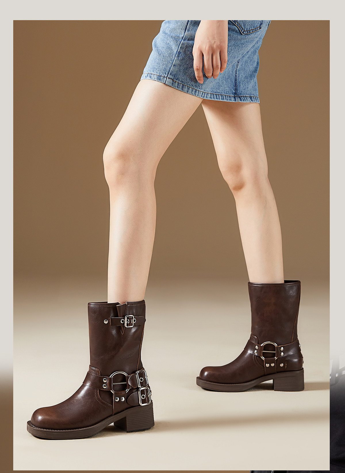 Западные Boots fed厚底短靴秋季新款女靴工装靴机车靴棕色皮靴女款r0904-zca205