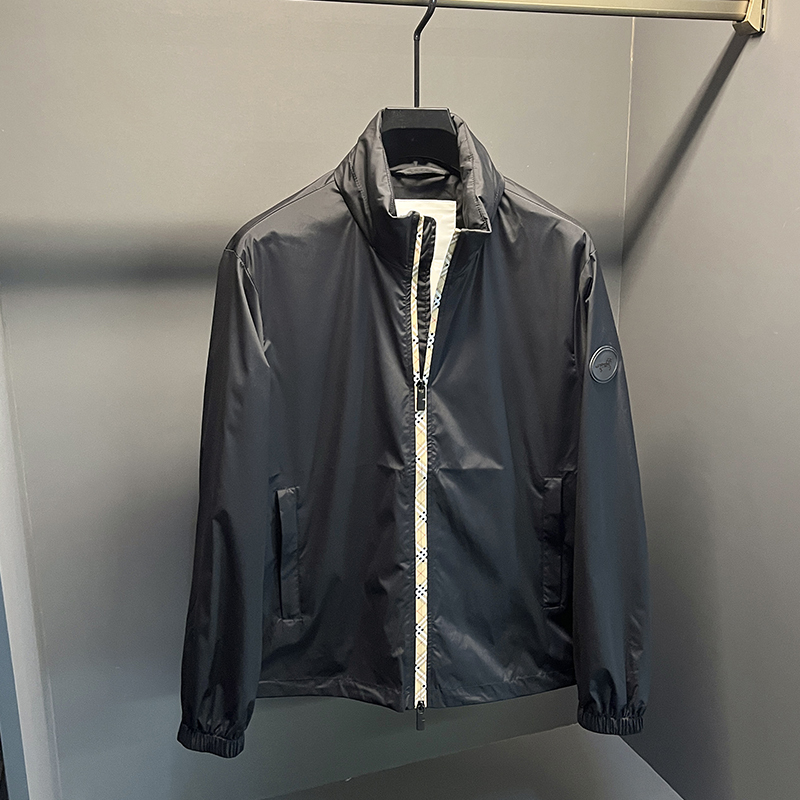 2026 Spring High-End Men's Stand Collar Plaid Zipper Hidden Hood Loose Business Casual Thin Jacket Coat
