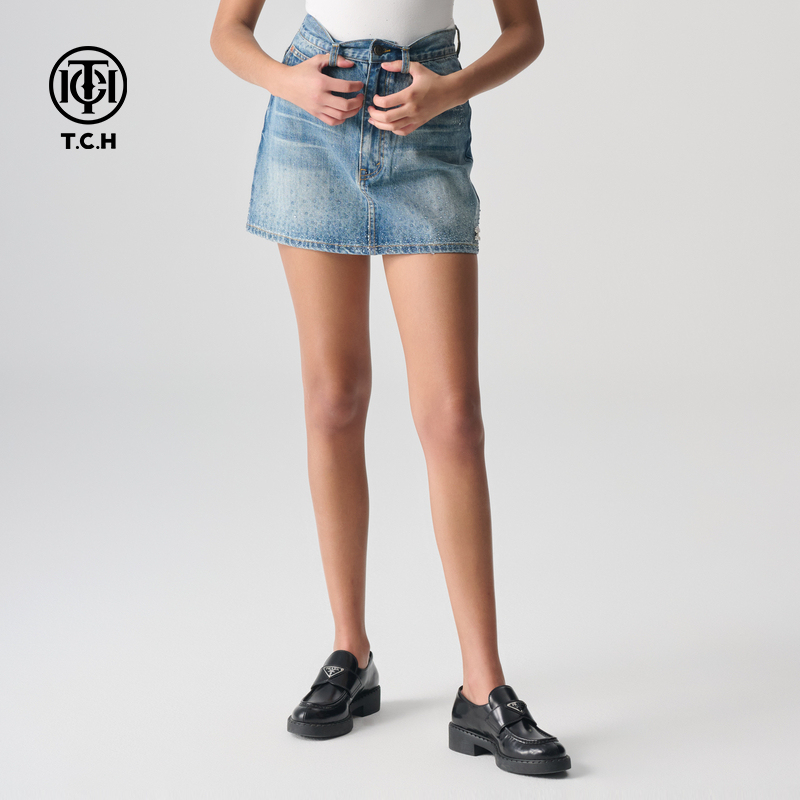 Tch Light Luxury Rhinestone Fashion Versatile Denim Skirt Women's Fitted Mid-Waist Skirt Casual Simple Elegant Short Skirt