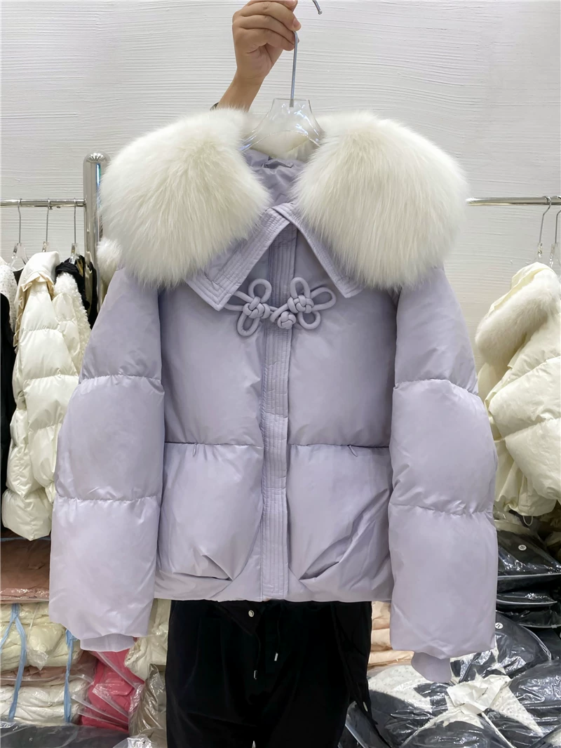 Пуховик зимний короткий синий с пухом, стиль Chanel, оверсайз