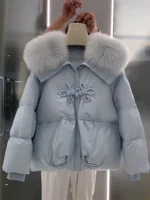 Пуховик зимний короткий синий с пухом, стиль Chanel, оверсайз