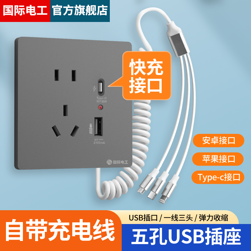国际电工86型墙壁暗装五孔双USB插座面板带数据线type-c快充USB