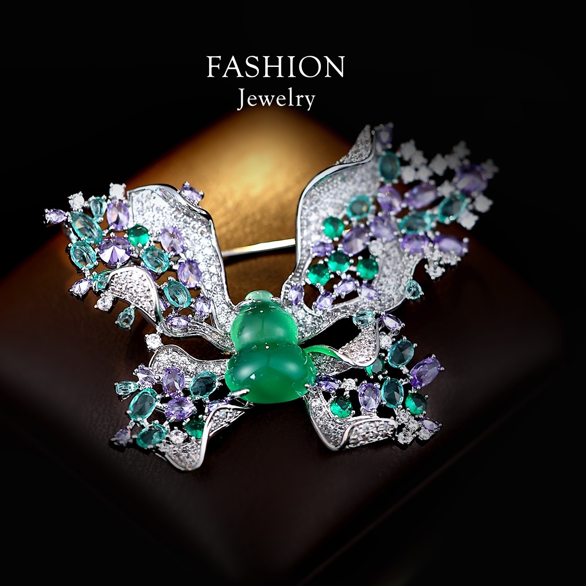 Butterfly and Bird Micro-Inlaid Zircon Butterfly Jade Gourd Brooch Luxurious Women's Coat Elegant Suit Accessory Evening Brooch