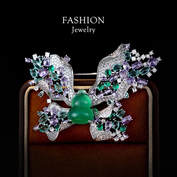 Butterfly and Bird Micro-Inlaid Zircon Butterfly Jade Gourd Brooch Luxurious Women's Coat Elegant Suit Accessory Evening Brooch