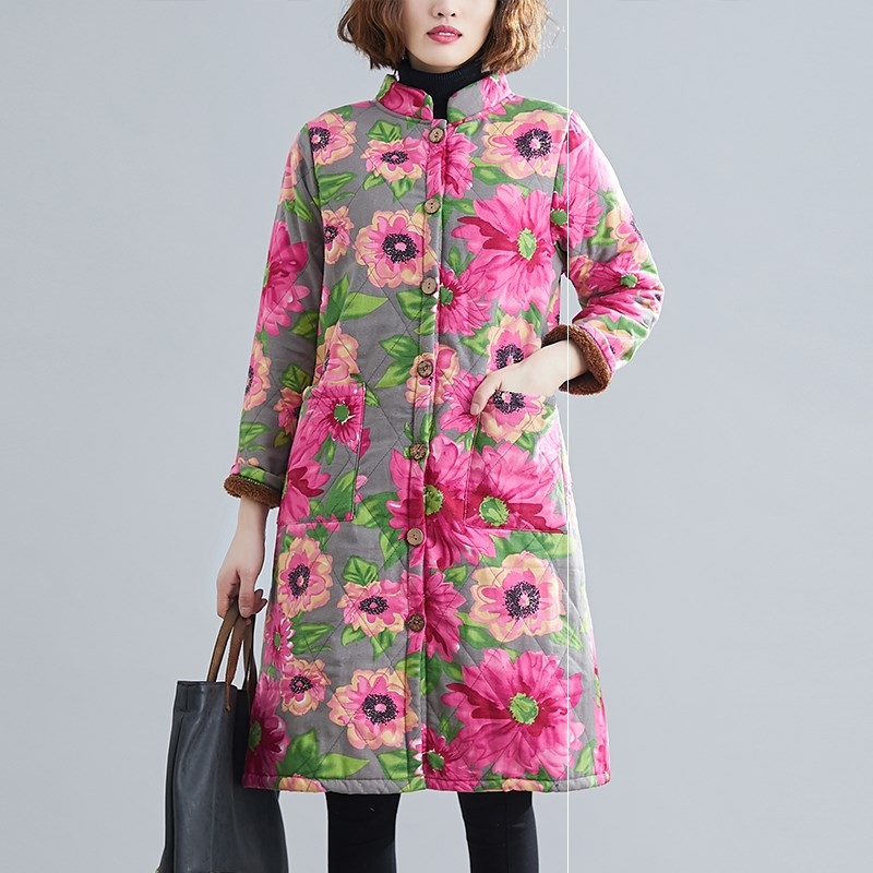 Autumn and winter retro velvet thickened stand-up collar shop cotton coat cardigan Western style large size medium and long version loose age-reducing cotton coat