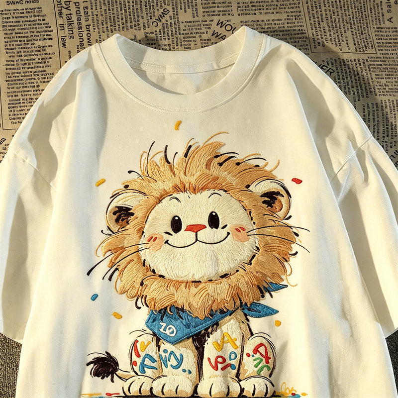Japanese-Style Cartoon Little Lion Print Pure Cotton Short-Sleeve T-Shirt for Women and Men, Summer Round-Neck Casual Couple's Round-Neck Top Japanese-Style Cartoon Little Lion Print Pure Cotton Short-Sleeve T-Shirt for Women and Men, Summer Round-Neck Casual Couple's Round-Neck Top