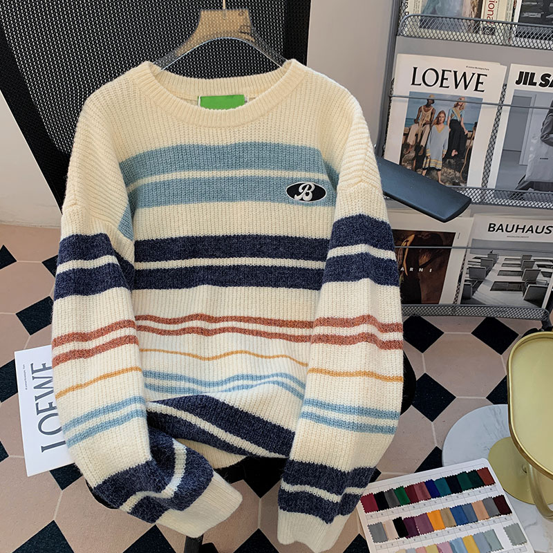 College Wind Strips Gross Crowsize Oversize Couples Needleshirt Day Ensemble Letters Embroidery Loose Casual Sweater Women Tide-Taobao