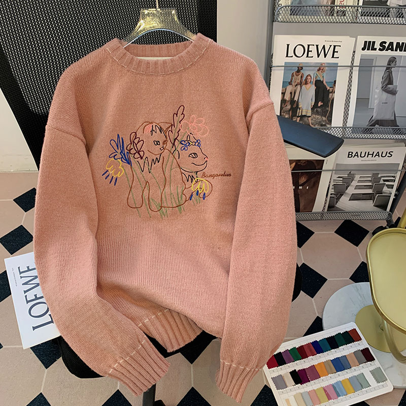 Sweet tie gentle wind embroidered sweater woman autumn and winter 2023 Lazy Wind cute and cute outside wearing a knitted sweatshirt lovers blouses-Taobao