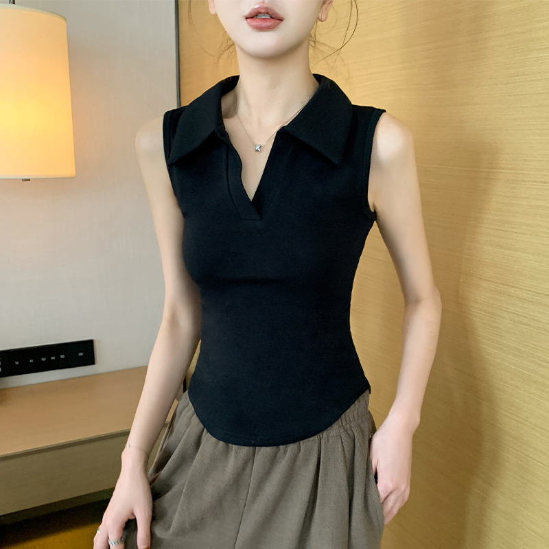 Black Polo Collar Sleeveless T-Shirt Vest for Women, Summer Outerwear, 2025 New Style, Curved Hem, Inner Layer with a Turn-Down Collar Top