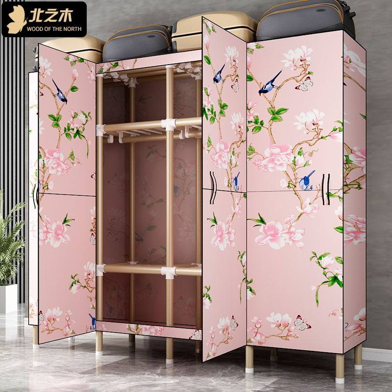 Simple cloth wardrobe rental house home reinforcement stainless steel pipe clothes cabinet reinforced Oxford cloth thickened double