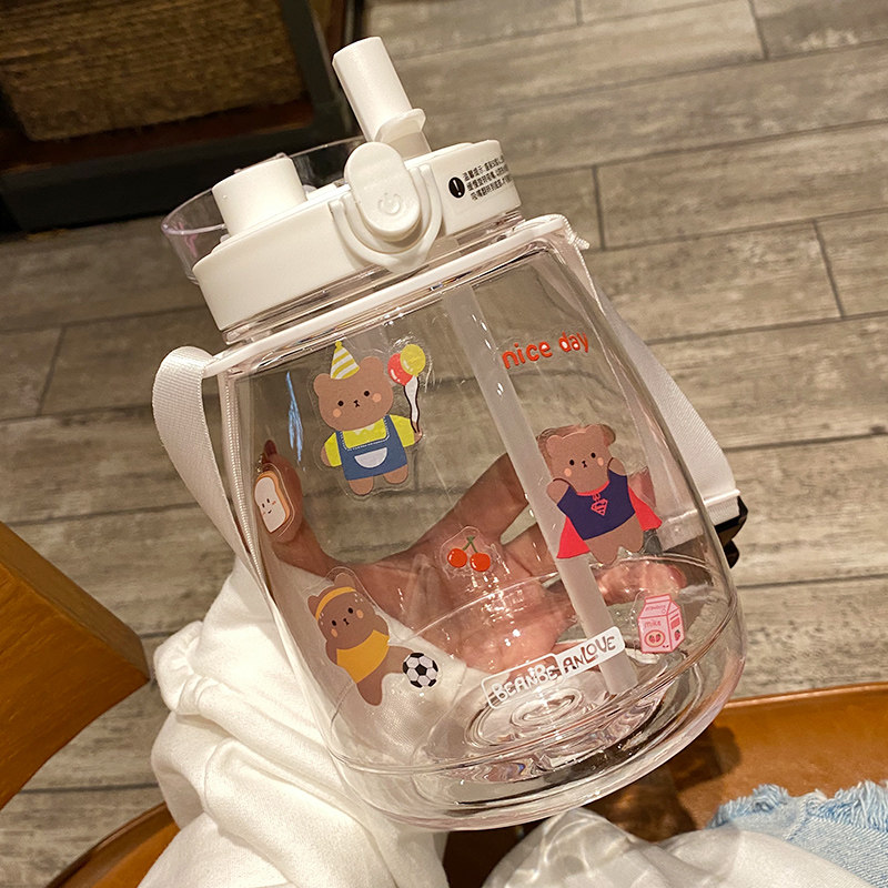 Student large-capacity water cup with straw direct drinking two-user outdoor holding baby bag kettle high temperature anti-fall plastic cup female