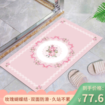 Home door mat Home living room door pink rose bow kitchen can be scrubbed leather PU ultra-thin floor mat