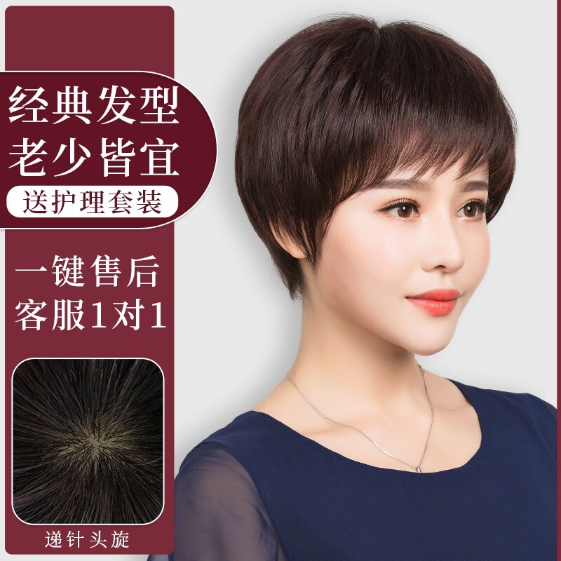 Short Wig for Women, Full Head Cover, Real Human Hair, Suitable for Middle-Aged and Elderly Women, Short Straight Hair, Suitable for Chemotherapy Patients, Natural Look for Mothers