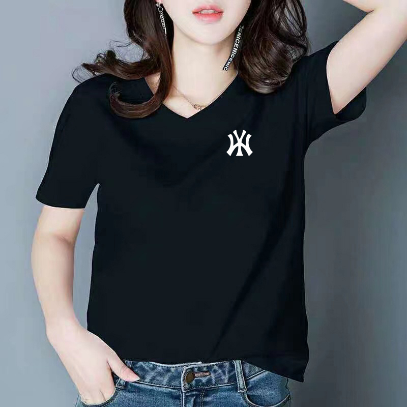 2025 New Black V Neck Short-Sleeved T-Shirt for Women Summer Pure Cotton Half-Sleeved Loose Casual Top T-Shirt Base Layer