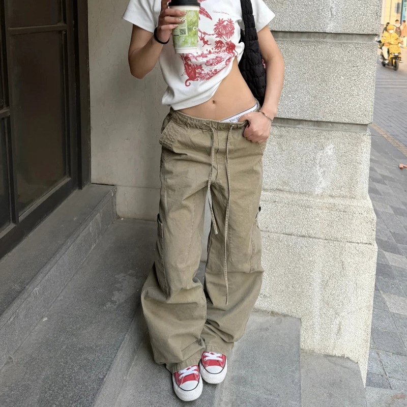 American Street Style Workwear Casual Jeans for Women, Autumn Loose Fit, Slimming Low-Waist Drawstring Design, Straight-Leg Long Pants, Trendy American Street Style Workwear Casual Jeans for Women, Autumn Loose Fit, Slimming Low-Waist Drawstring Design, Straight-Leg Long Pants, Trendy