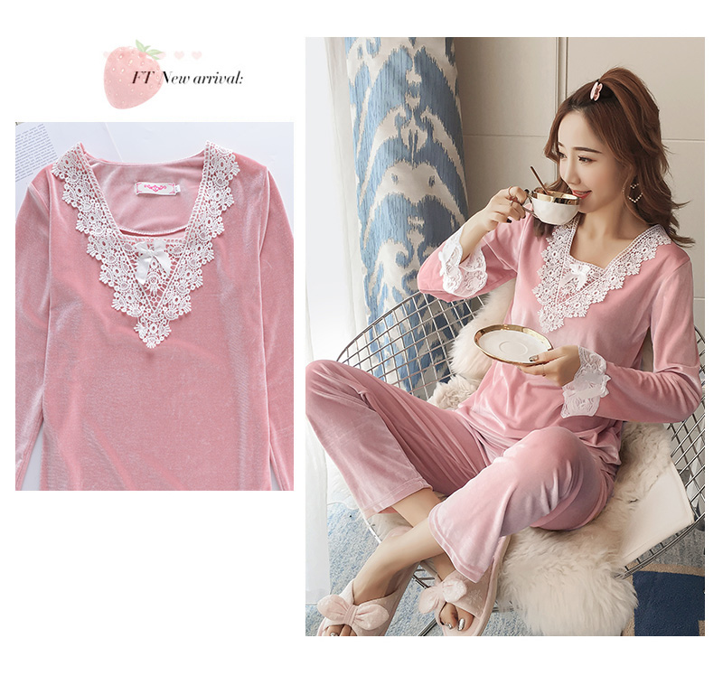 Bộ đồ ngủ nhung vàng Hàn Quốc cho nữ dài tay cổ chữ V ren công chúa gió phục vụ nhà mùa thu đông có thể mặc bộ đồ mặc nhà mùa hè cao cấp