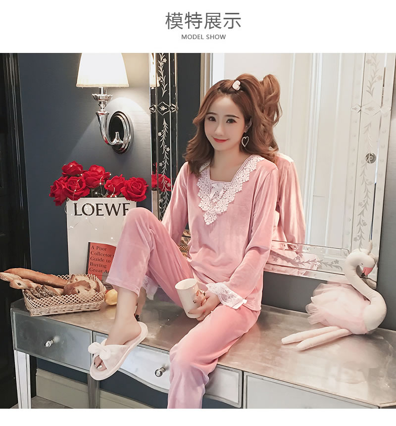 Bộ đồ ngủ nhung vàng Hàn Quốc cho nữ dài tay cổ chữ V ren công chúa gió phục vụ nhà mùa thu đông có thể mặc bộ đồ mặc nhà mùa hè cao cấp