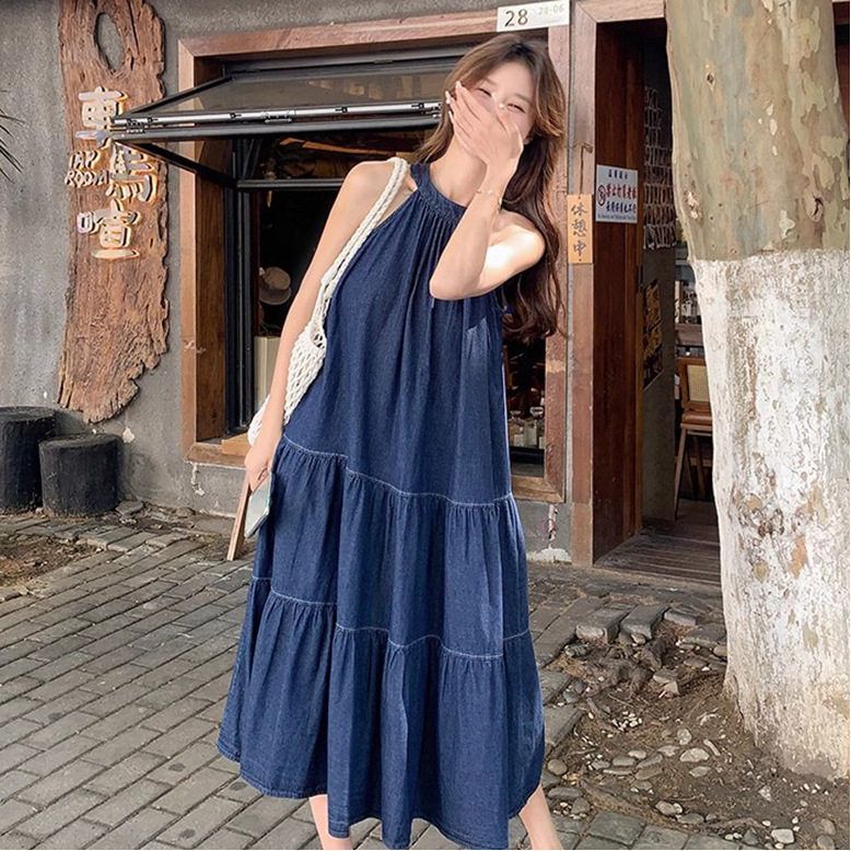Blue Sleeveless Halter Neck Dress for Women, Mid-Length, 2025 Summer New Style, Denim Retro Simple Design Tank Dress
