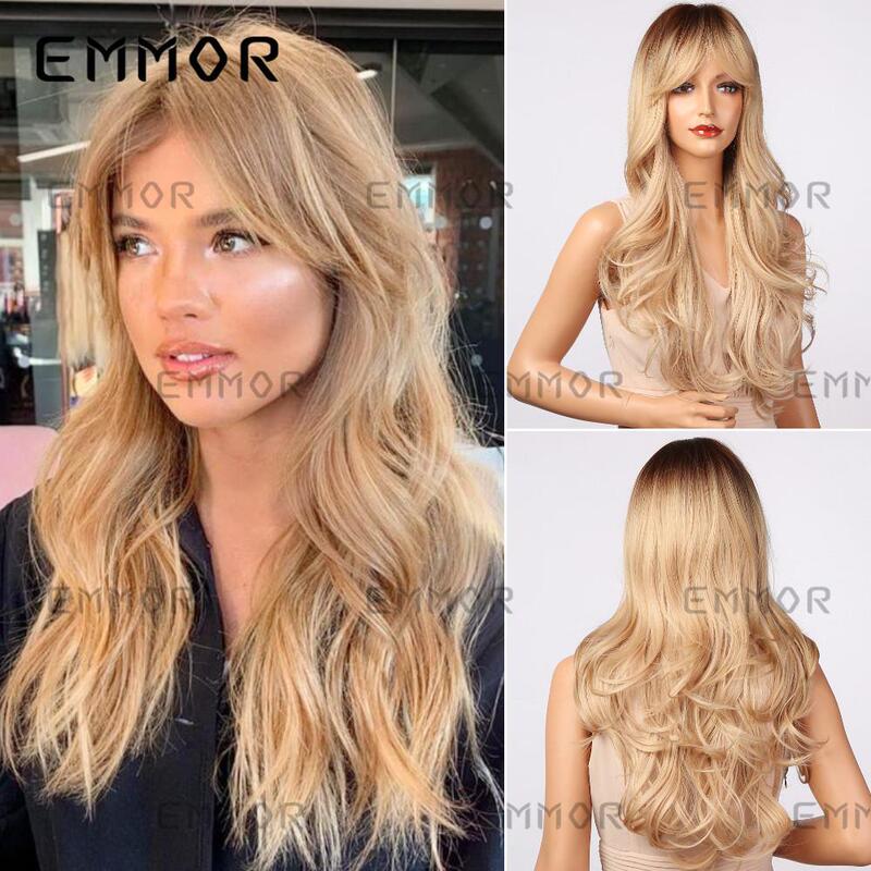 Emmor European and American Style Golden Wig for Women, Amazon Style with Bangs, Gradient Blonde Long Curly Hair, High-Temperature Fiber Full Wig