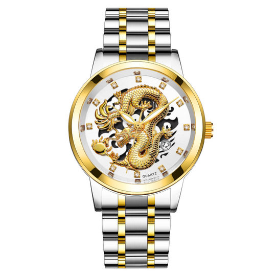 Comercio exterior calendario de moda reloj para hombres reloj para hombres cinturón de acero negocio no mecánico impermeable cuadrado diamante reloj de dragón medio