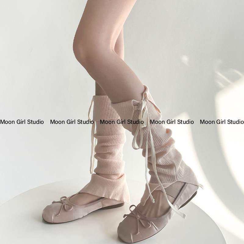 Ballet-inspired sweet girl style autumn 24 tie-up butterfly knit solid color socks Korean style versatile split leg warmers