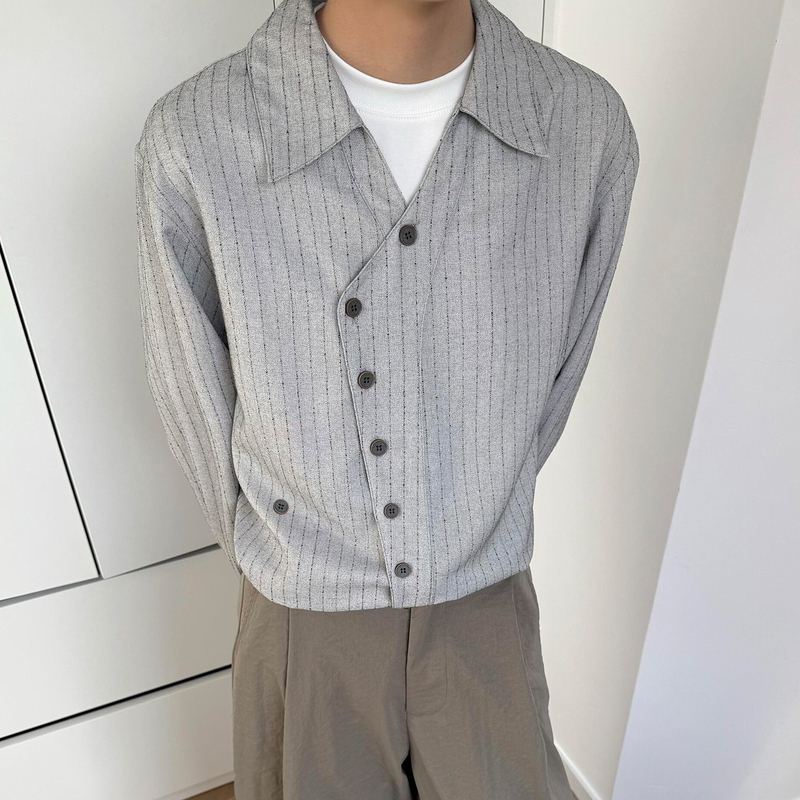 Conlise Diagonal Placket V-Neck Stripesd Beaded Drawstring Shirt Casual Short Wide Adjustable Lapel Long-Sleeved Shirt