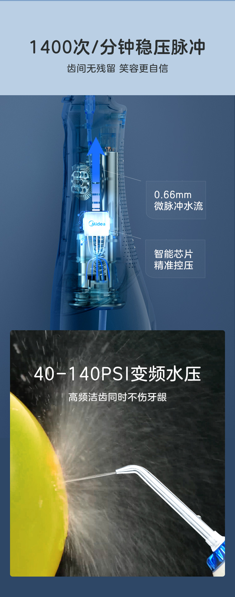 美的 小蓝鲸 水牙线冲牙器 重力球万向供水/无死角清洁牙缝 图6
