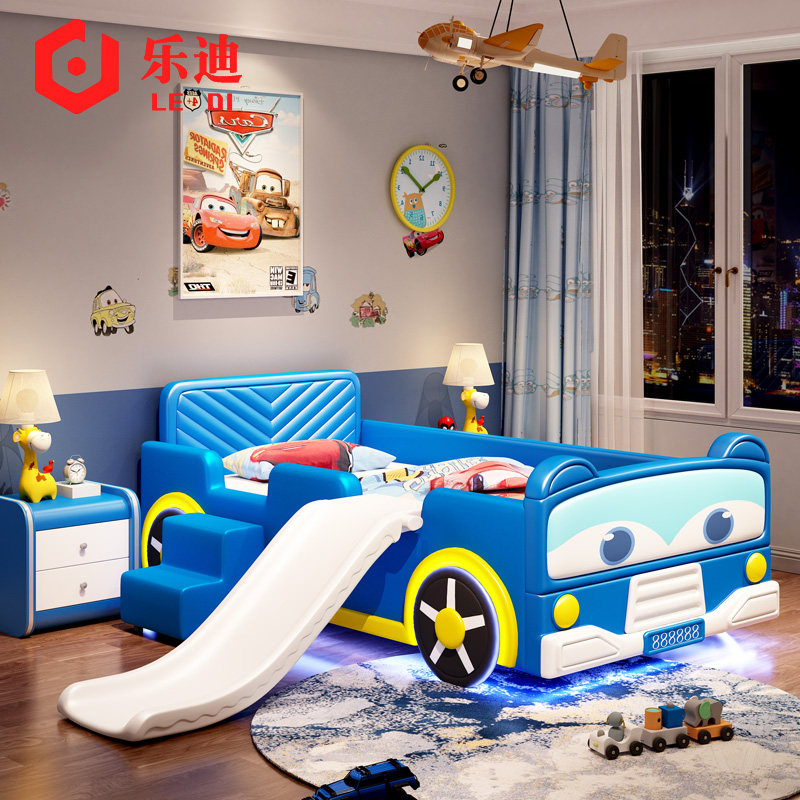 Children's bed Boy cot Cot Sports Car Real Leather Bedroom Soft Bag Slide Car Car Cartoon Boy Single Bed