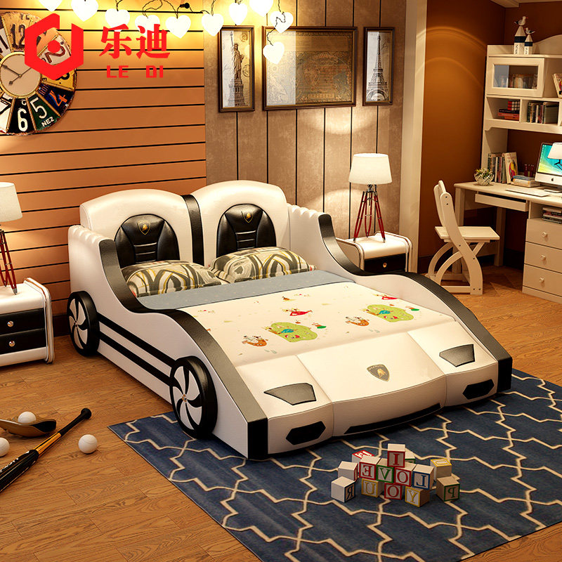 Lightweight luxury leather children's bed Boy solid wood single bed 1 5 m lathe cartoon modern minimal boy bed 1 2