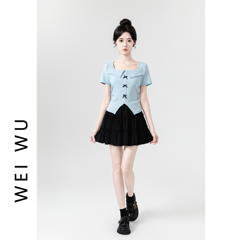 Irregular Slit Short-Sleeved T-Shirt for Women Summer 2024 New Style Bow Square Neck Waist-Cinching T-Shirt Chic Short Top