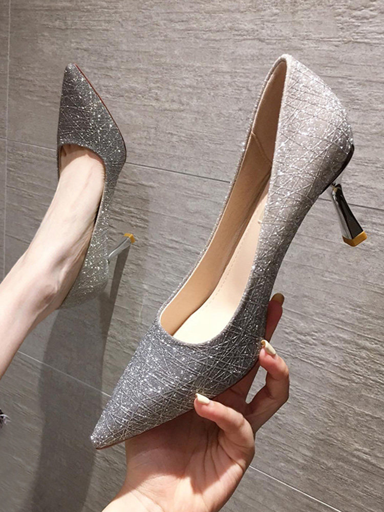 Silver High Heels Women 2021 New Joker Gradually Sexy Sequins ins ins
