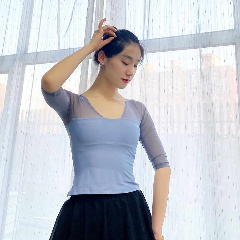 Dance practice female classical dance gauze adult body clothing art test quick-drying high-elastic mesh belt chest pad mid-sleeve ballet