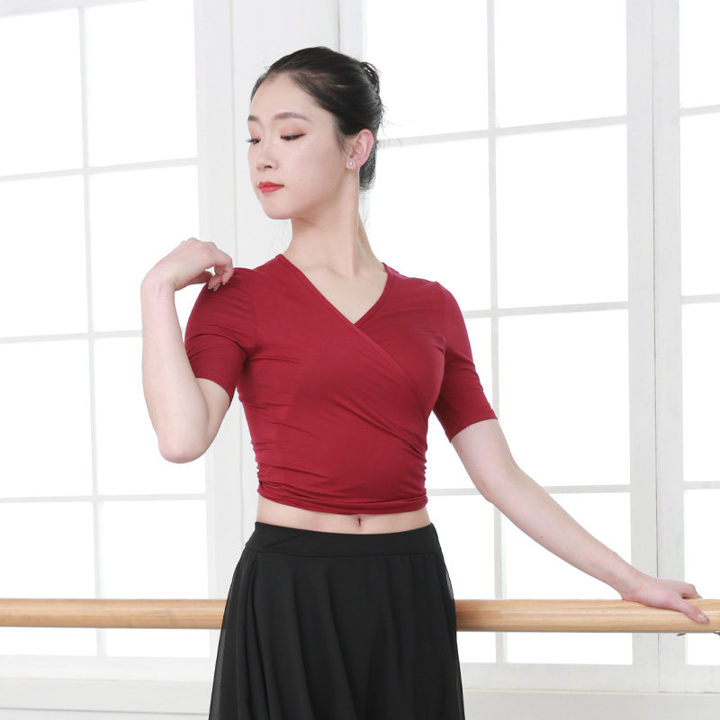 Short-sleeved cross back lace-up dance top belly dance test suit female adult modern dance practice suit yoga clothes