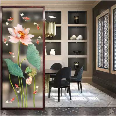 Modern simple Chinese art glass screen partition living room bedroom light luxury background wall entrance lotus picture