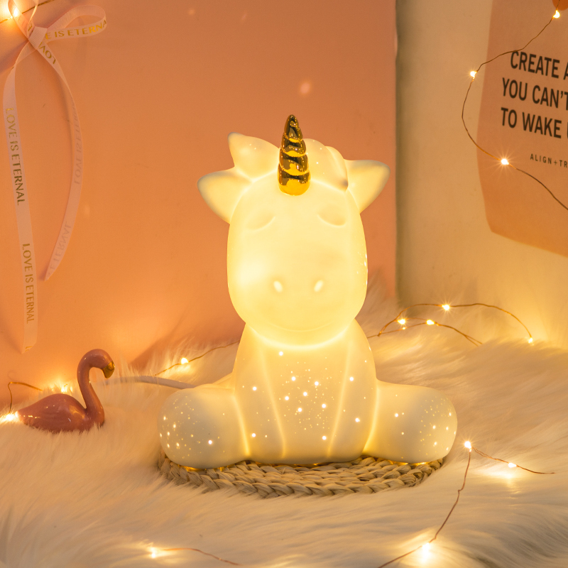 Creative Unicorn Bedside Lamp for Bedroom, Popular Online, ins Girls' Night Light, Cartoon Ceramic Eye Protection Sleep Table Lamp