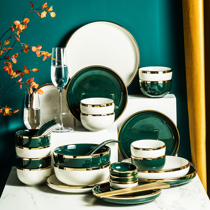 Bowl Dish Suit Home Cutlery Nordic Ceramic Bowls Pan Combined Phnom Penh Chins Wind Light Lavish Red Ancestral Mother Green Bowl chopsticks