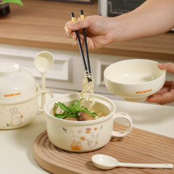 Cute ceramic instant noodle bowl with lid dormitory student Rice Bowl dining hall special one-person Bowl chopsticks tableware For Home