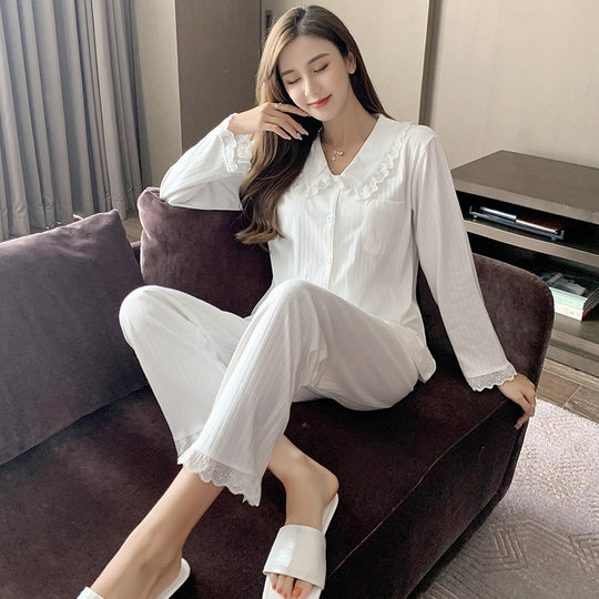 Japanese white long-sleeved pajamas for women spring and autumn pure cotton 2021 new princess style sweet home clothes can be worn outside