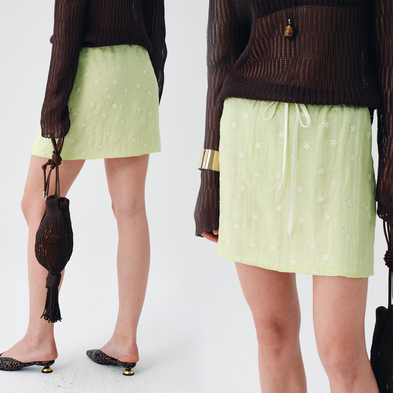 Pre Preworks Linen Texture Embroidered Elastic Waist Short Skirt High Waist Drawstring Small A-Line Skirt Pre Preworks Linen Texture Embroidered Elastic Waist Short Skirt High Waist Drawstring Small A-Line Skirt